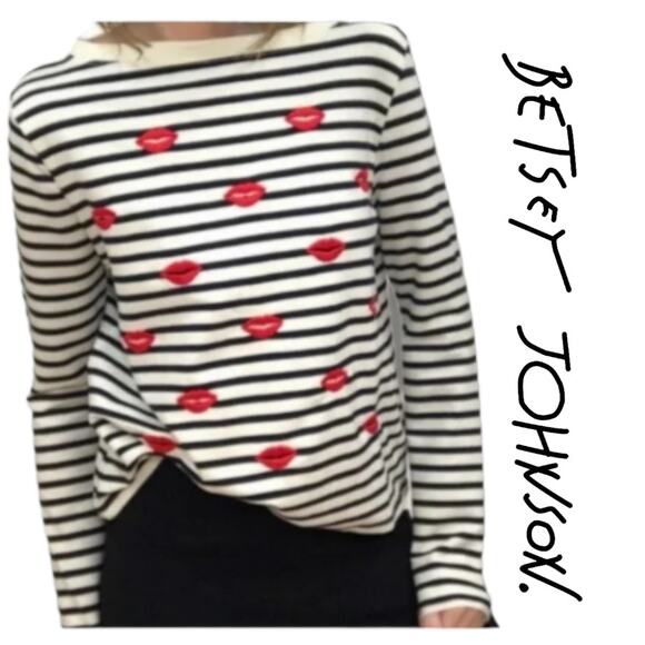 Betsey Johnson Performance Womens Striped Embroidered Kiss Lips Top Size XS - Picture 1 of 13